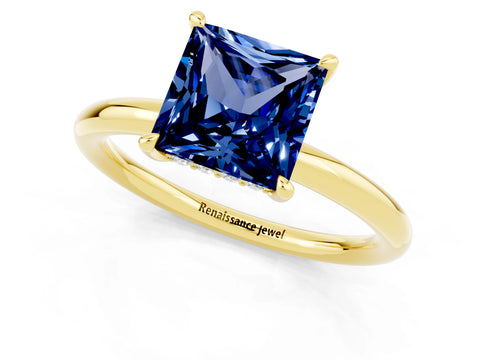 Yellow gold Princess Cut Blue Sapphire Solitaire Ring with Thin Band and Four-Prong Setting_1