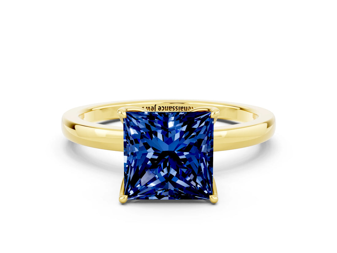 Yellow gold Princess Cut Blue Sapphire Solitaire Ring with Thin Band and Prong Setting_12