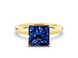 Yellow gold Princess Cut Blue Sapphire Solitaire Ring with Thin Band and Prong Setting_12