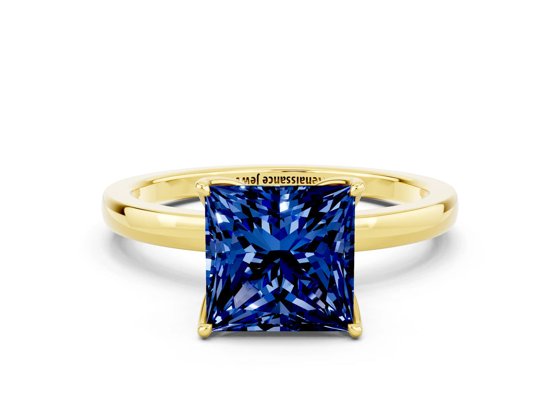 Yellow gold Princess Cut Blue Sapphire Solitaire Ring with Thin Band and Prong Setting_24