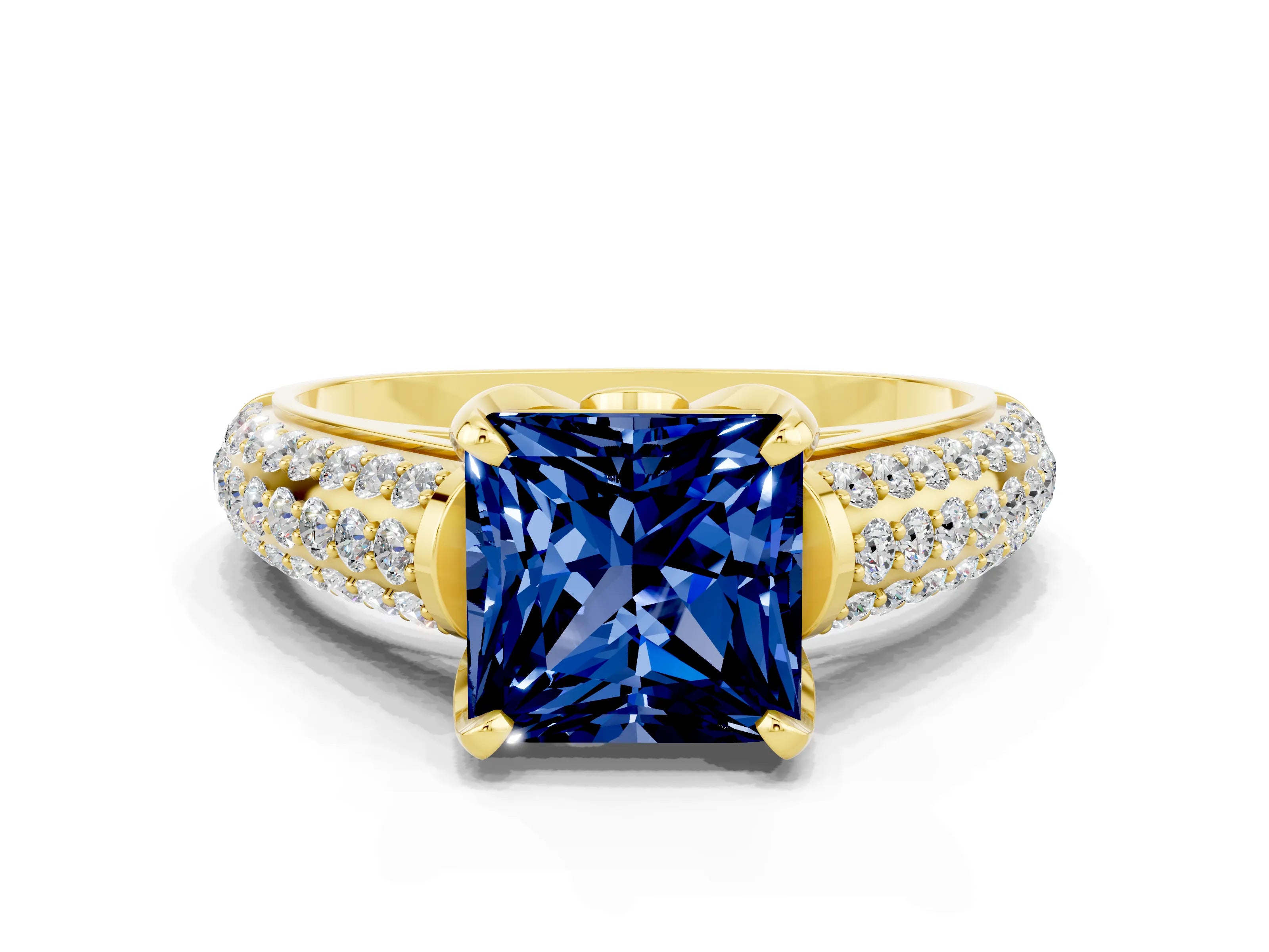 Yellow gold Princess Cut Blue Sapphire Solitaire Ring with Three-Row Pavé Band and Four-Prong Setting_12