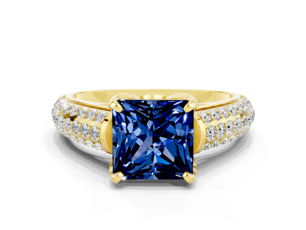 Yellow gold Princess Cut Blue Sapphire Solitaire Ring with Three-Row Pavé Band and Four-Prong Setting