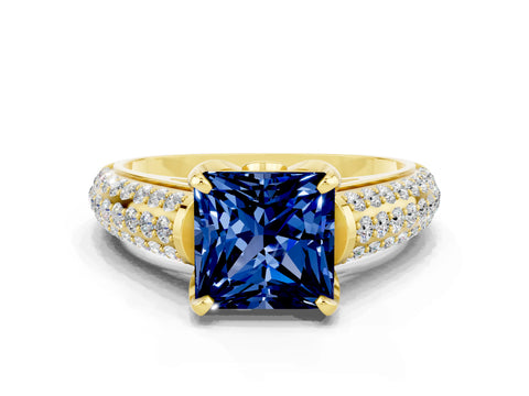 Yellow gold Princess Cut Blue Sapphire Solitaire Ring with Three-Row Pavé Band and Four-Prong Setting_12