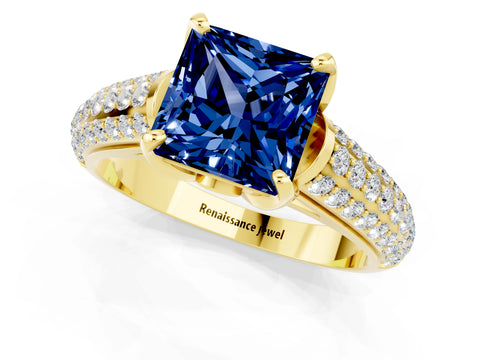 Yellow gold Princess Cut Blue Sapphire Solitaire Ring with Three-Row Pavé Band and Four-Prong Setting_13