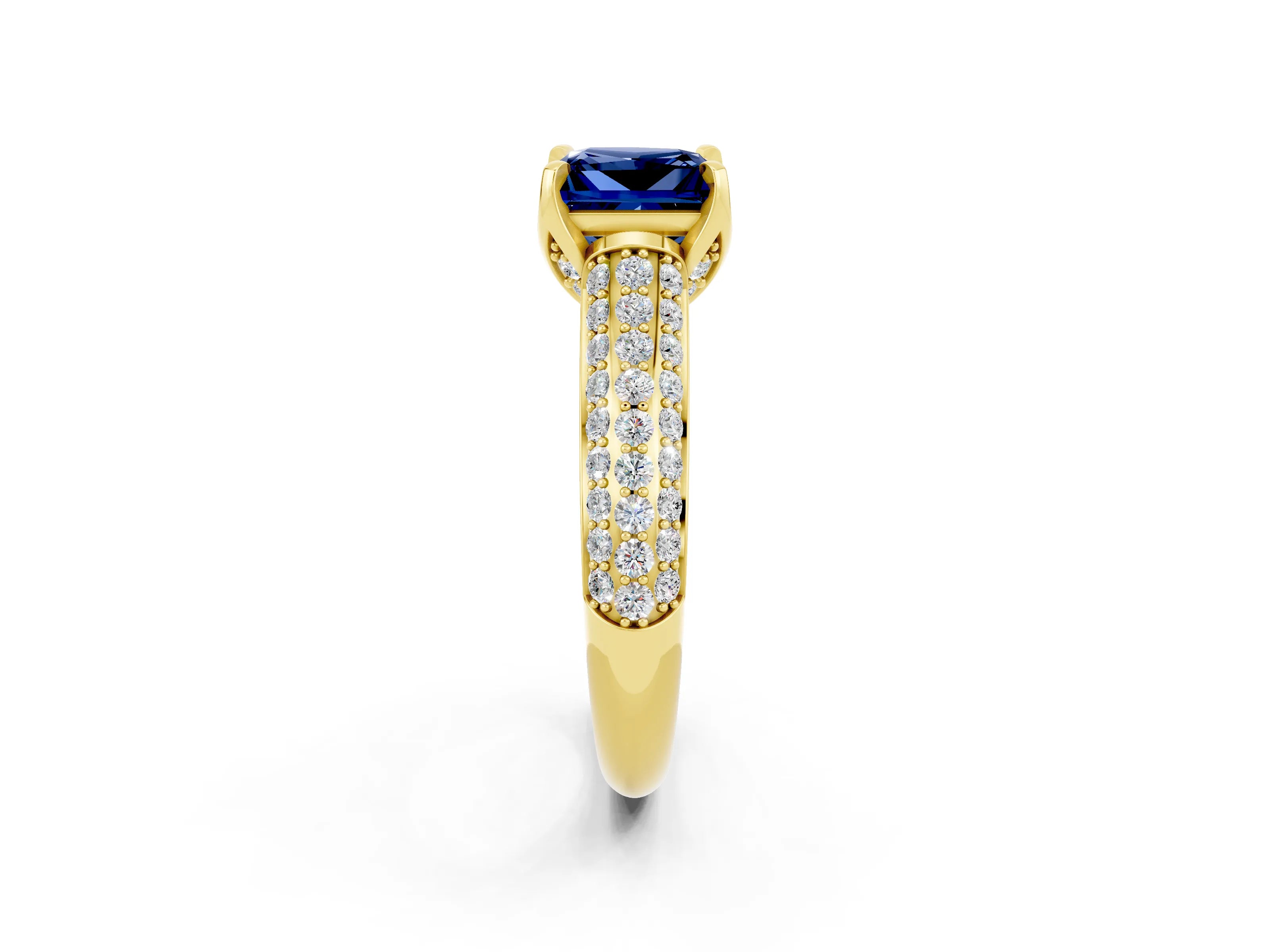 Yellow gold Princess Cut Blue Sapphire Solitaire Ring with Three-Row Pavé Band and Four-Prong Setting_14