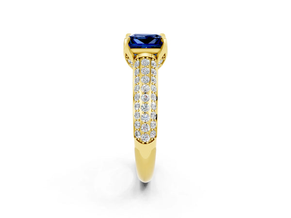 Yellow gold Princess Cut Blue Sapphire Solitaire Ring with Three-Row Pavé Band and Four-Prong Setting