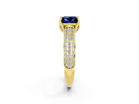 Yellow gold Princess Cut Blue Sapphire Solitaire Ring with Three-Row Pavé Band and Four-Prong Setting_14
