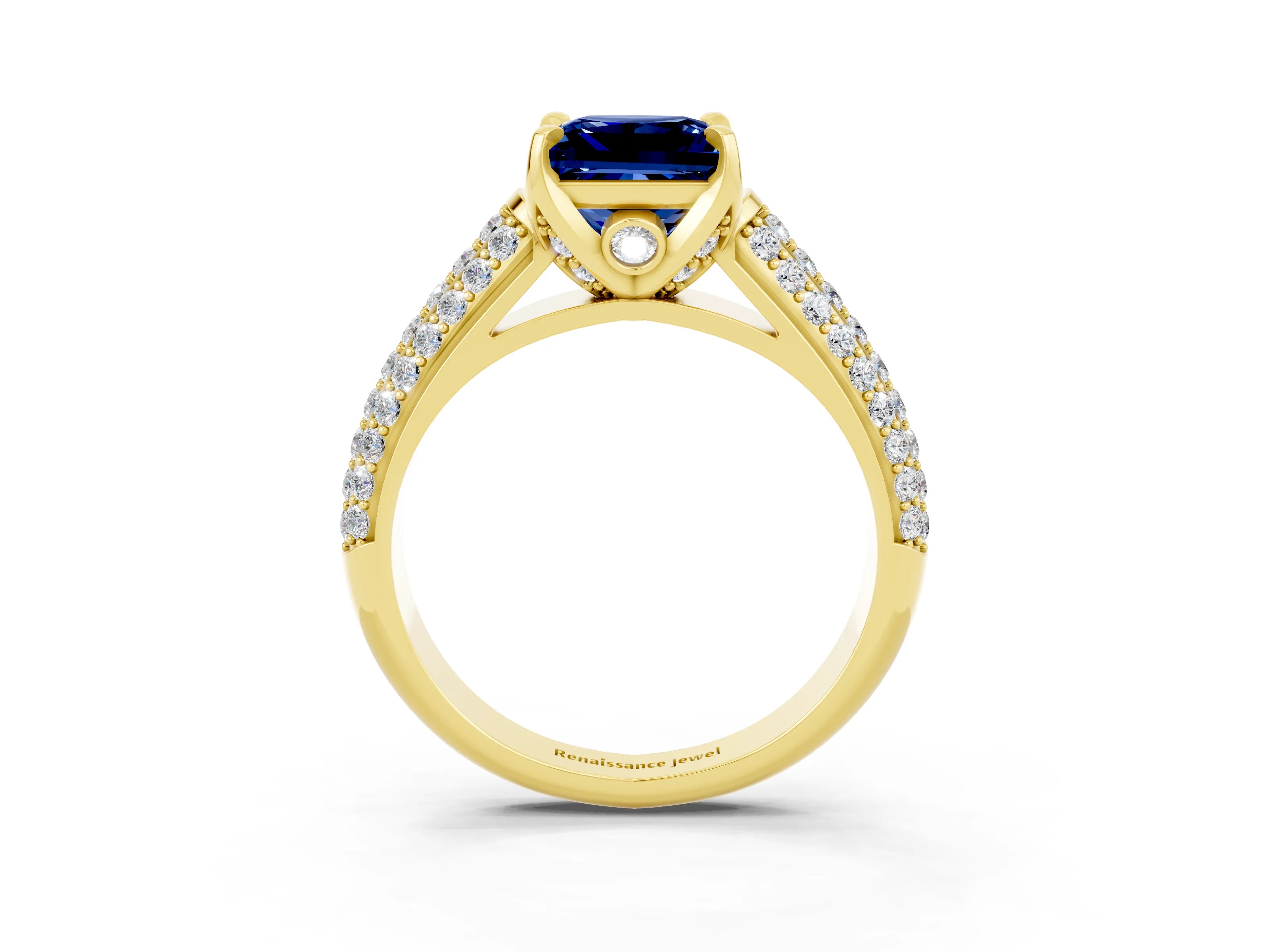 Yellow gold Princess Cut Blue Sapphire Solitaire Ring with Three-Row Pavé Band and Four-Prong Setting_15
