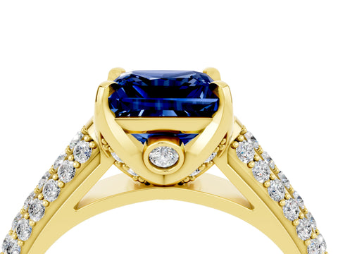 Yellow gold Princess Cut Blue Sapphire Solitaire Ring with Three-Row Pavé Band and Four-Prong Setting_16