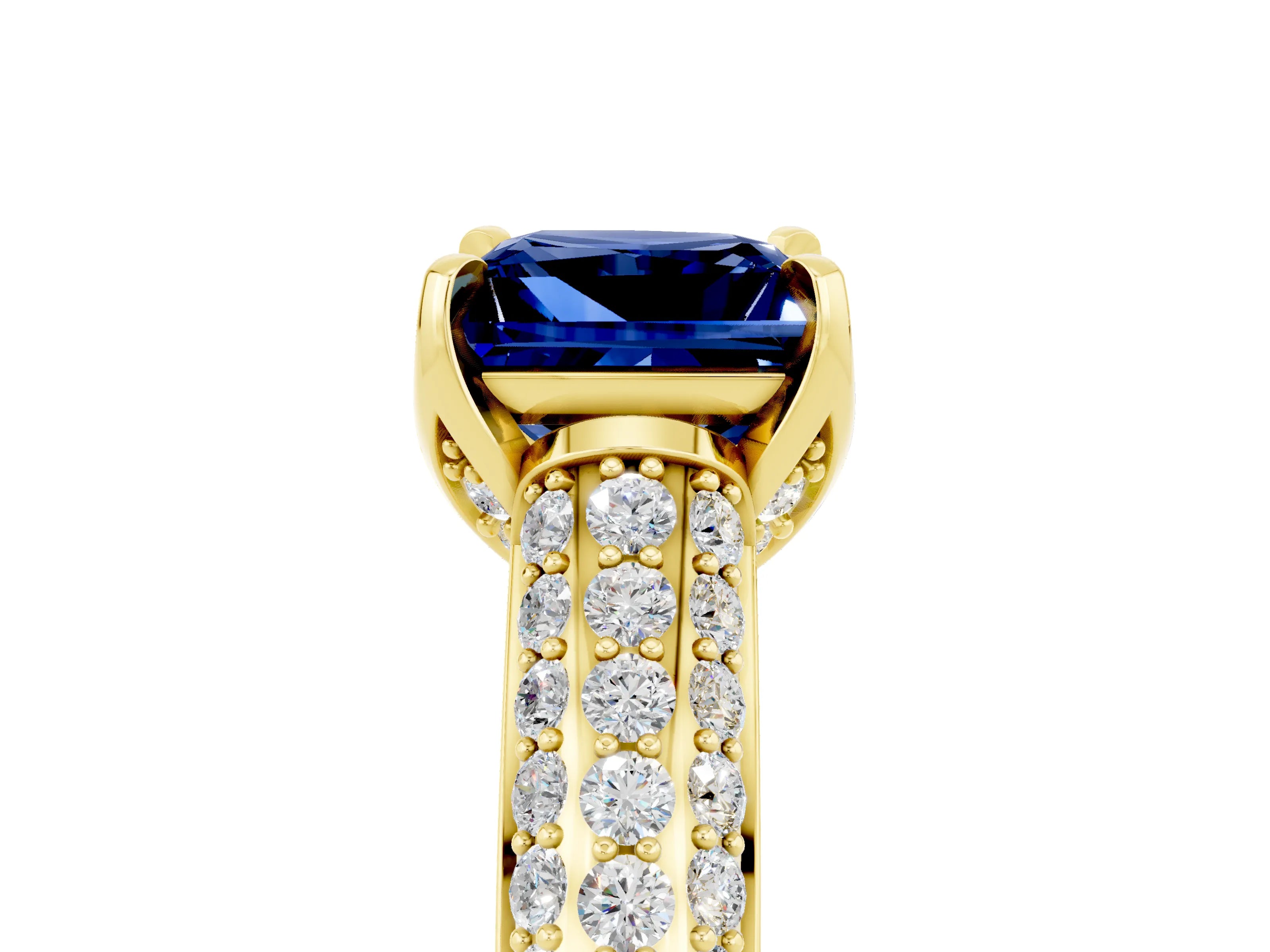Yellow gold Princess Cut Blue Sapphire Solitaire Ring with Three-Row Pavé Band and Four-Prong Setting_17