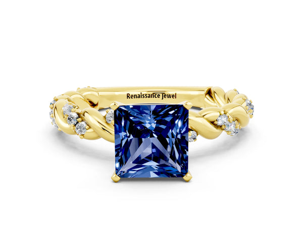 Yellow gold Princess Cut Blue Sapphire Solitaire Ring with Twisted Band and Pavé Accents