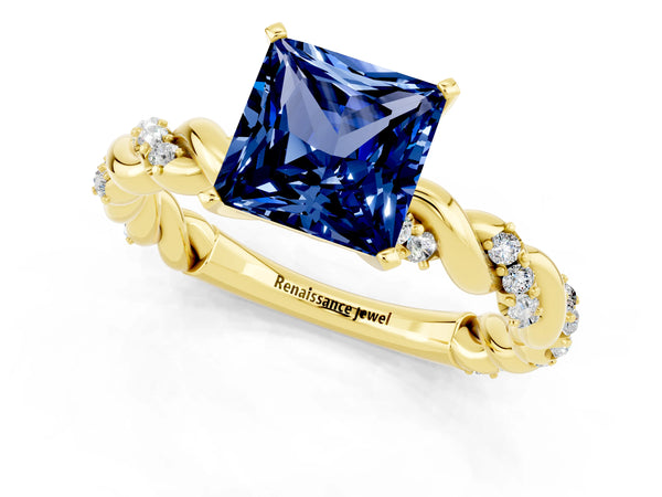 Yellow gold Princess Cut Blue Sapphire Solitaire Ring with Twisted Band and Pavé Accents