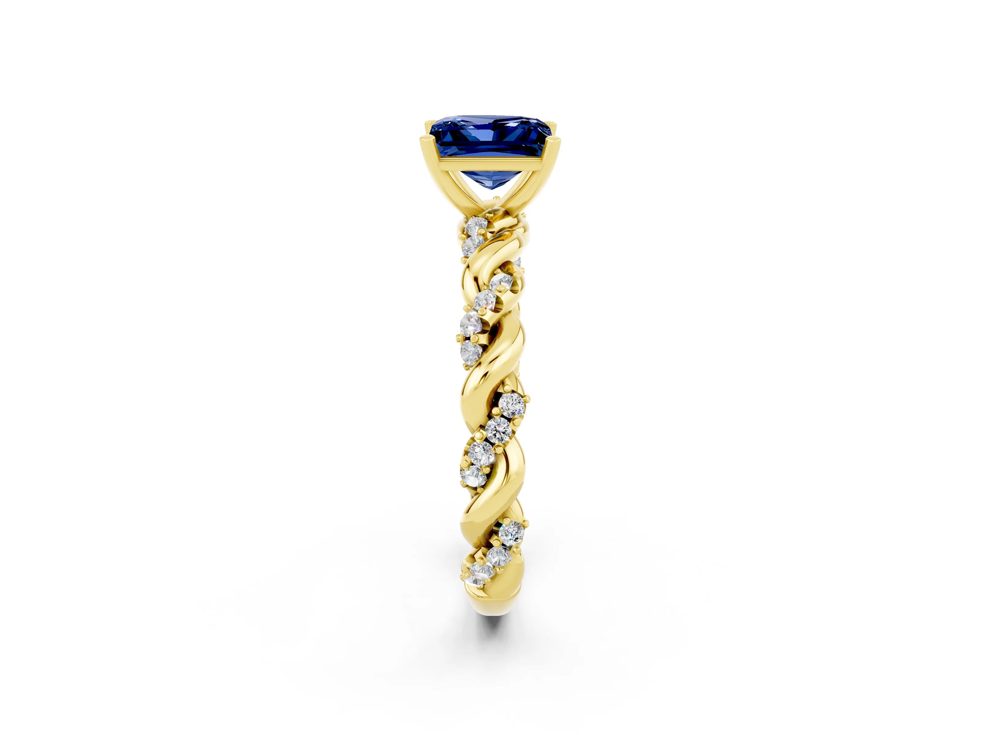 Yellow gold Princess Cut Blue Sapphire Solitaire Ring with Twisted Band and Pavé Accents_2