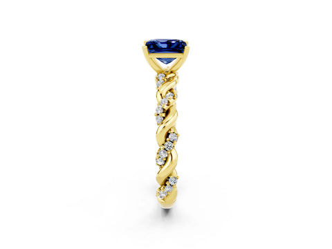 Yellow gold Princess Cut Blue Sapphire Solitaire Ring with Twisted Band and Pavé Accents_2