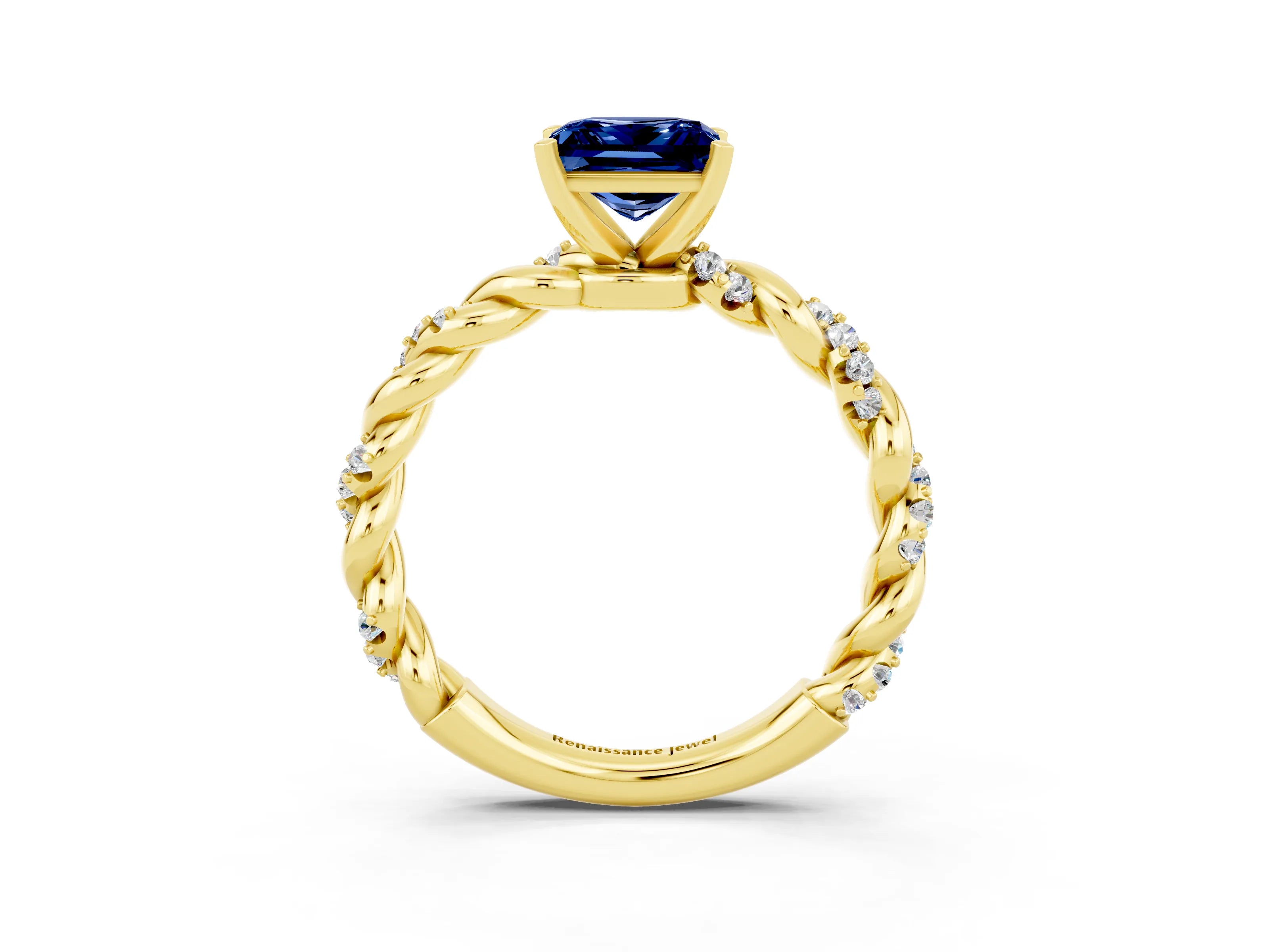 Yellow gold Princess Cut Blue Sapphire Solitaire Ring with Twisted Band and Pavé Accents_3