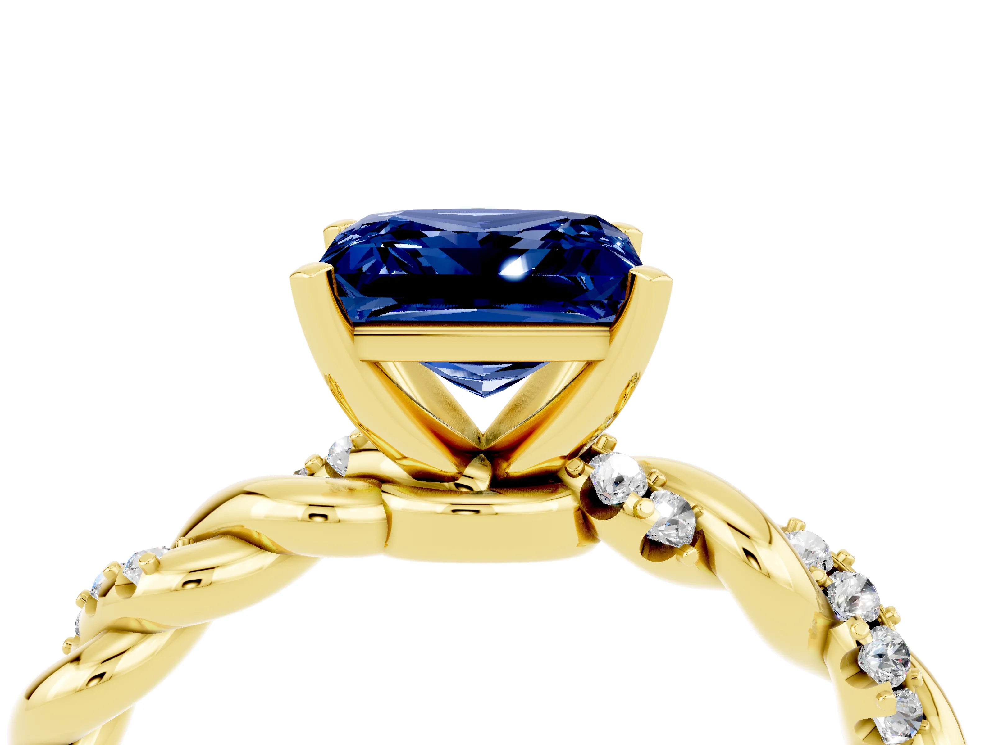 Yellow gold Princess Cut Blue Sapphire Solitaire Ring with Twisted Band and Pavé Accents_4