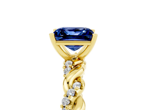 Yellow gold Princess Cut Blue Sapphire Solitaire Ring with Twisted Band and Pavé Accents_5