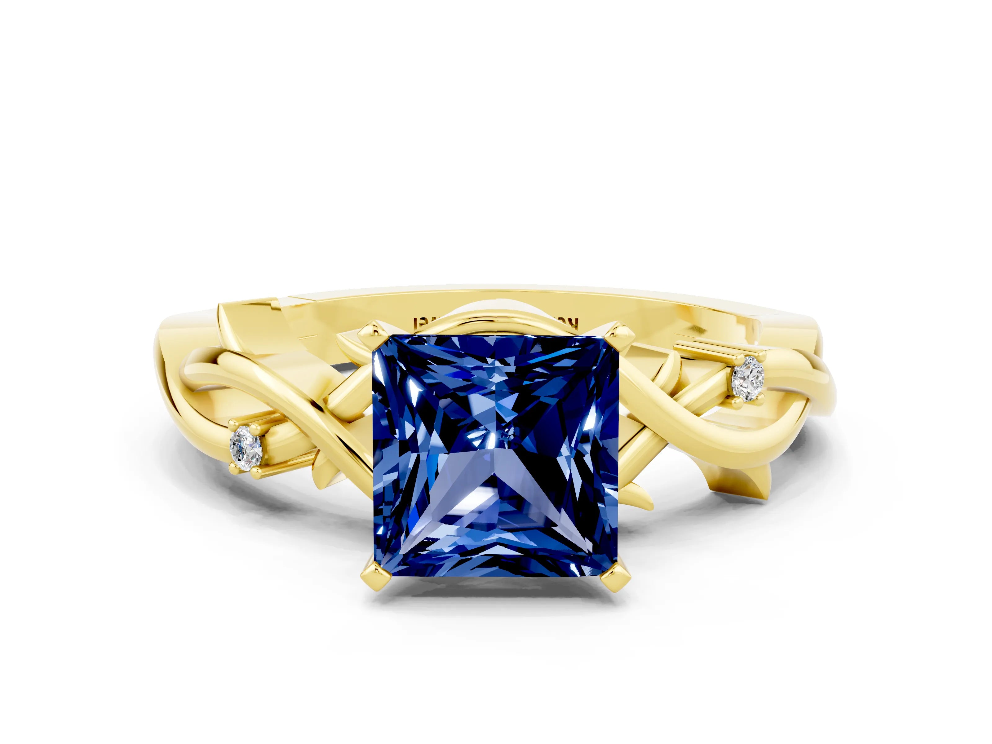 Yellow gold Princess Cut Blue Sapphire Solitaire Ring with Twisted Band and Prong Setting
