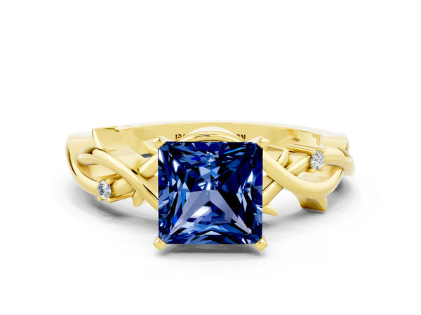 Yellow gold Princess Cut Blue Sapphire Solitaire Ring with Twisted Band and Prong Setting