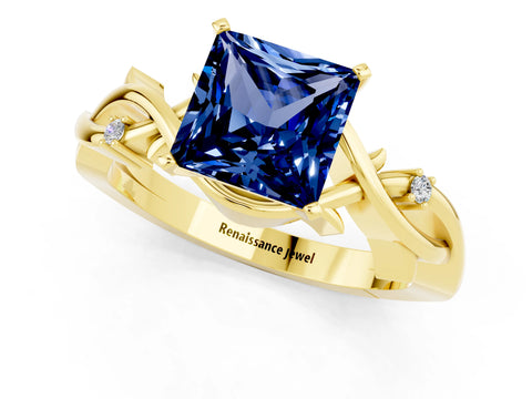 Yellow gold Princess Cut Blue Sapphire Solitaire Ring with Twisted Band and Prong Setting_1