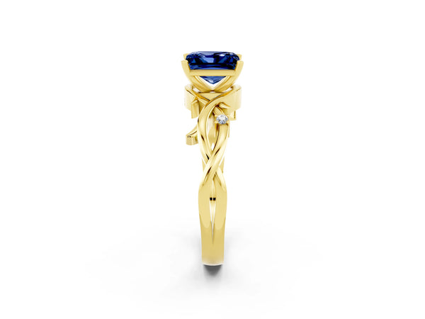 Yellow gold Princess Cut Blue Sapphire Solitaire Ring with Twisted Band and Prong Setting