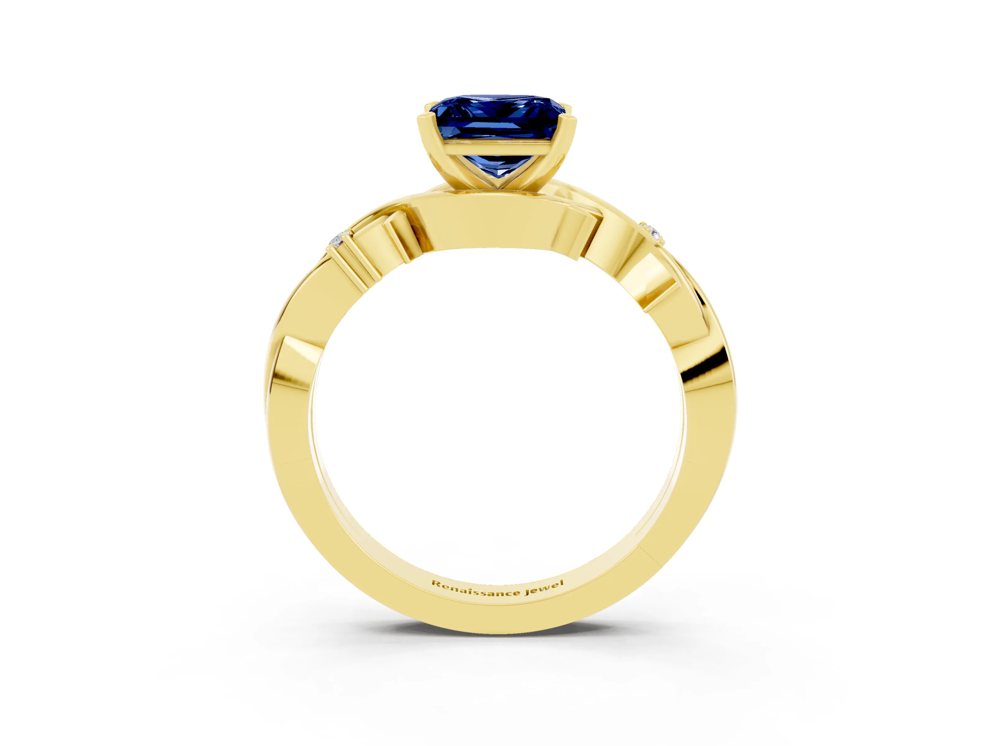Yellow gold Princess Cut Blue Sapphire Solitaire Ring with Twisted Band and Prong Setting_3