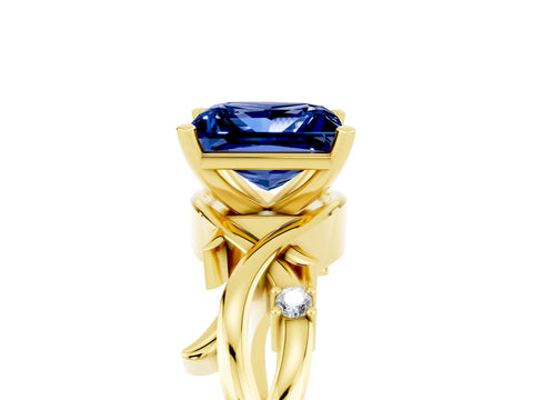Yellow gold Princess Cut Blue Sapphire Solitaire Ring with Twisted Band and Prong Setting_5