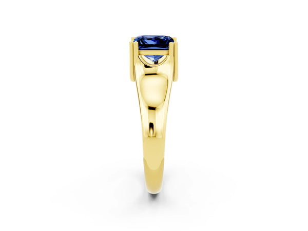 Yellow gold Princess Cut Blue Sapphire Solitaire Ring with Wide Band and Prong Setting
