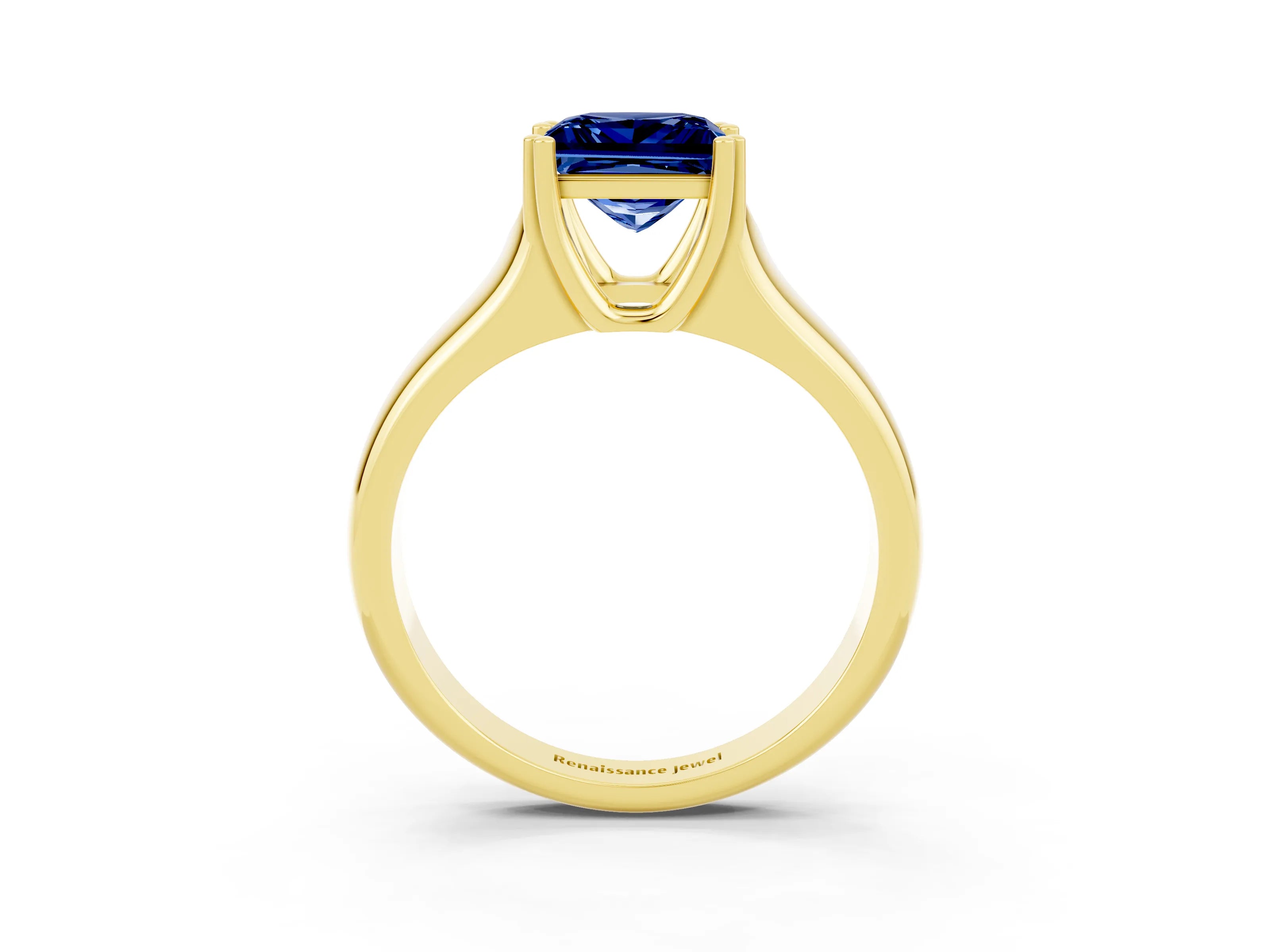 Yellow gold Princess Cut Blue Sapphire Solitaire Ring with Wide Band and Prong Setting_3