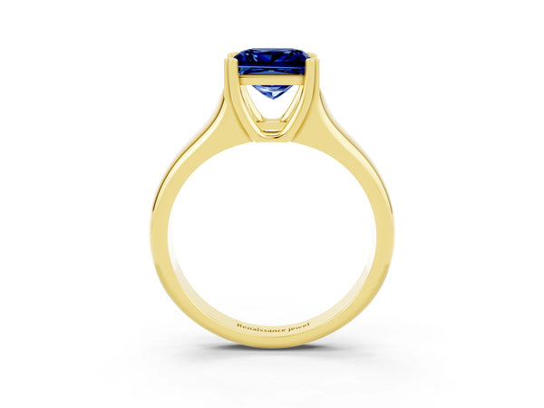 Yellow gold Princess Cut Blue Sapphire Solitaire Ring with Wide Band and Prong Setting