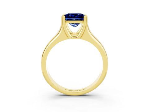 Yellow gold Princess Cut Blue Sapphire Solitaire Ring with Wide Band and Prong Setting_3