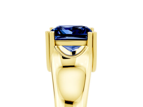 Yellow gold Princess Cut Blue Sapphire Solitaire Ring with Wide Band and Prong Setting_5