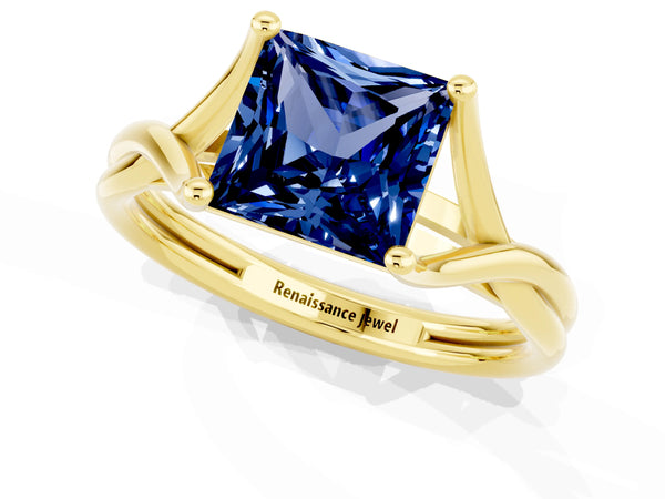 Yellow gold Princess Cut Blue Sapphire Solitaire Twist Band Prong Setting Ring