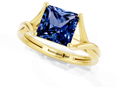 Yellow gold Princess Cut Blue Sapphire Solitaire Twist Band Prong Setting Ring_60