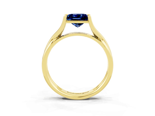 Yellow gold Princess Cut Blue Sapphire Solitaire Twist Band Prong Setting Ring