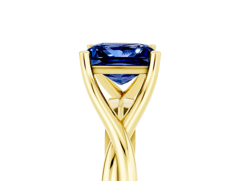 Yellow gold Princess Cut Blue Sapphire Solitaire Twist Band Prong Setting Ring_64