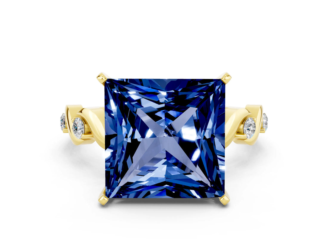 Yellow gold Princess Cut Blue Sapphire Solitaire Twisted Band with Round  Accents and Prong Setting_12
