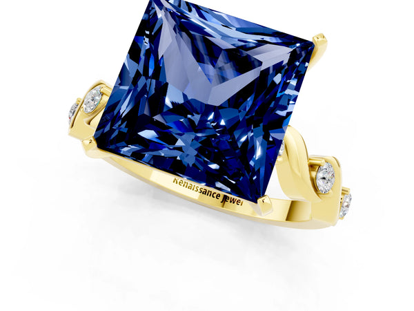 Yellow gold Princess Cut Blue Sapphire Solitaire Twisted Band with Round  Accents and Prong Setting
