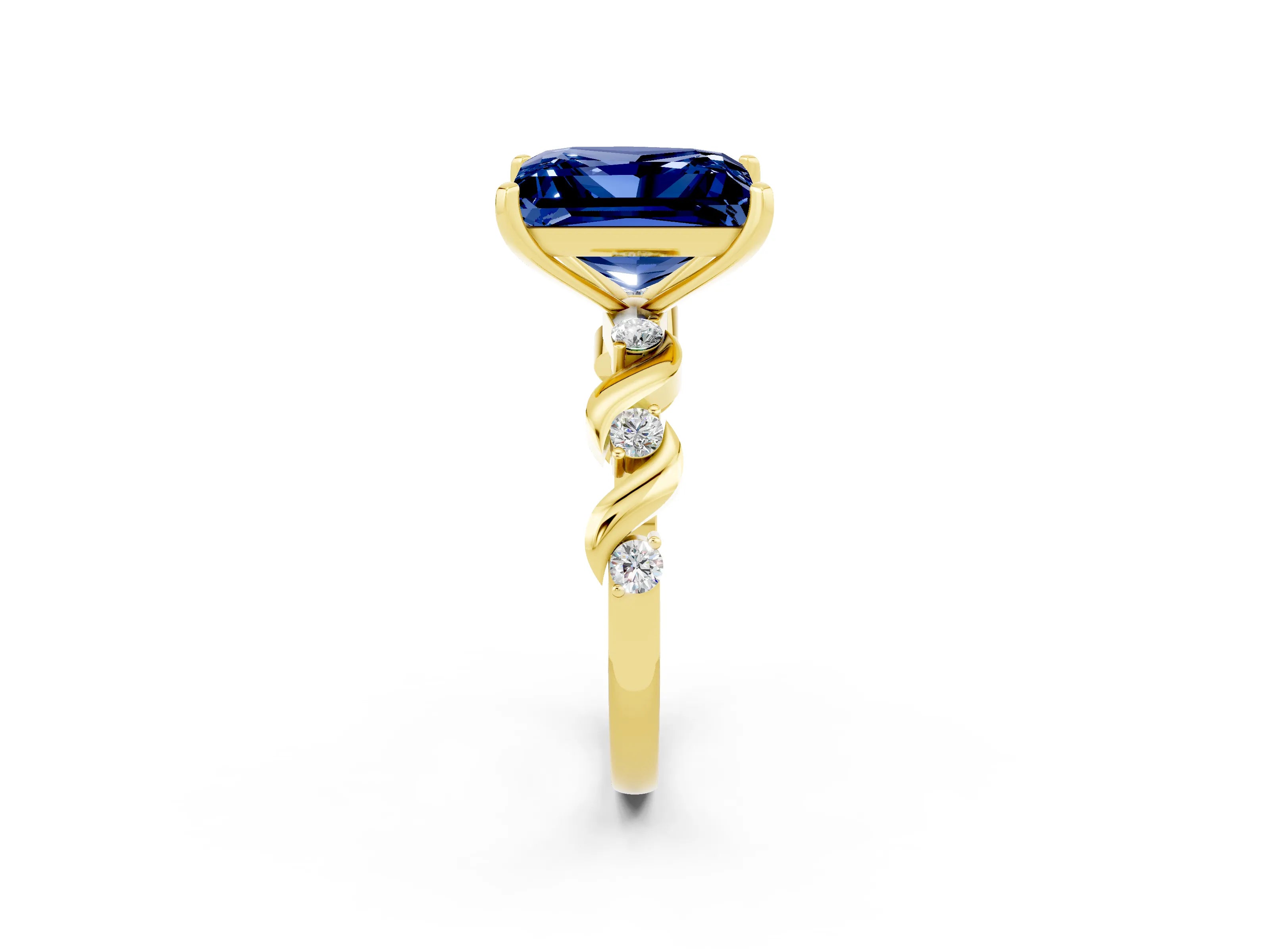 Yellow gold Princess Cut Blue Sapphire Solitaire Twisted Band with Round  Accents and Prong Setting_14