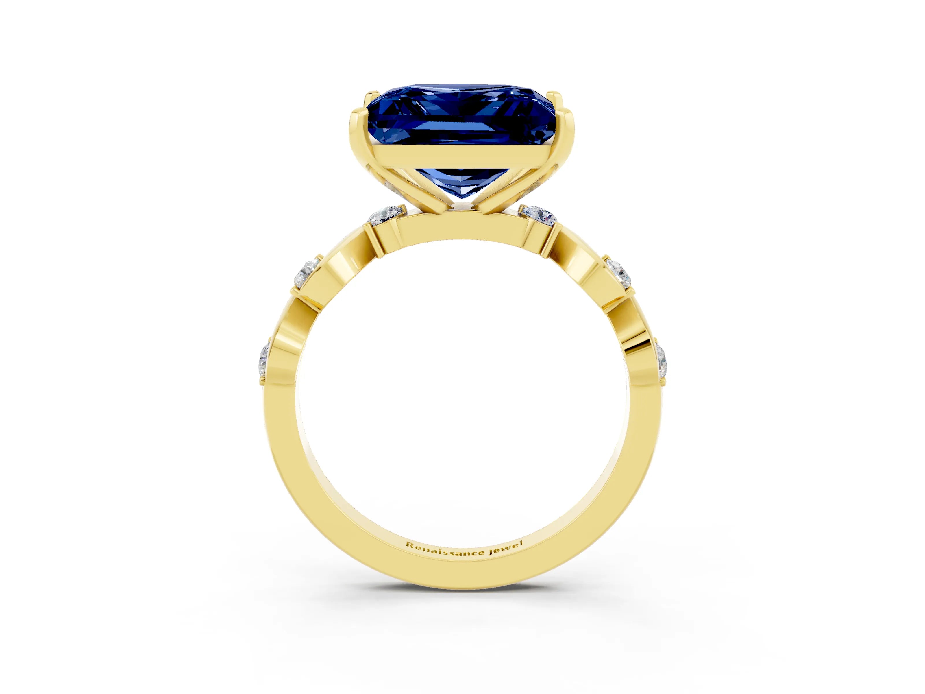 Yellow gold Princess Cut Blue Sapphire Solitaire Twisted Band with Round  Accents and Prong Setting_15