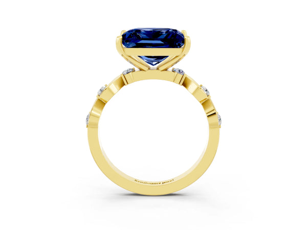 Yellow gold Princess Cut Blue Sapphire Solitaire Twisted Band with Round  Accents and Prong Setting