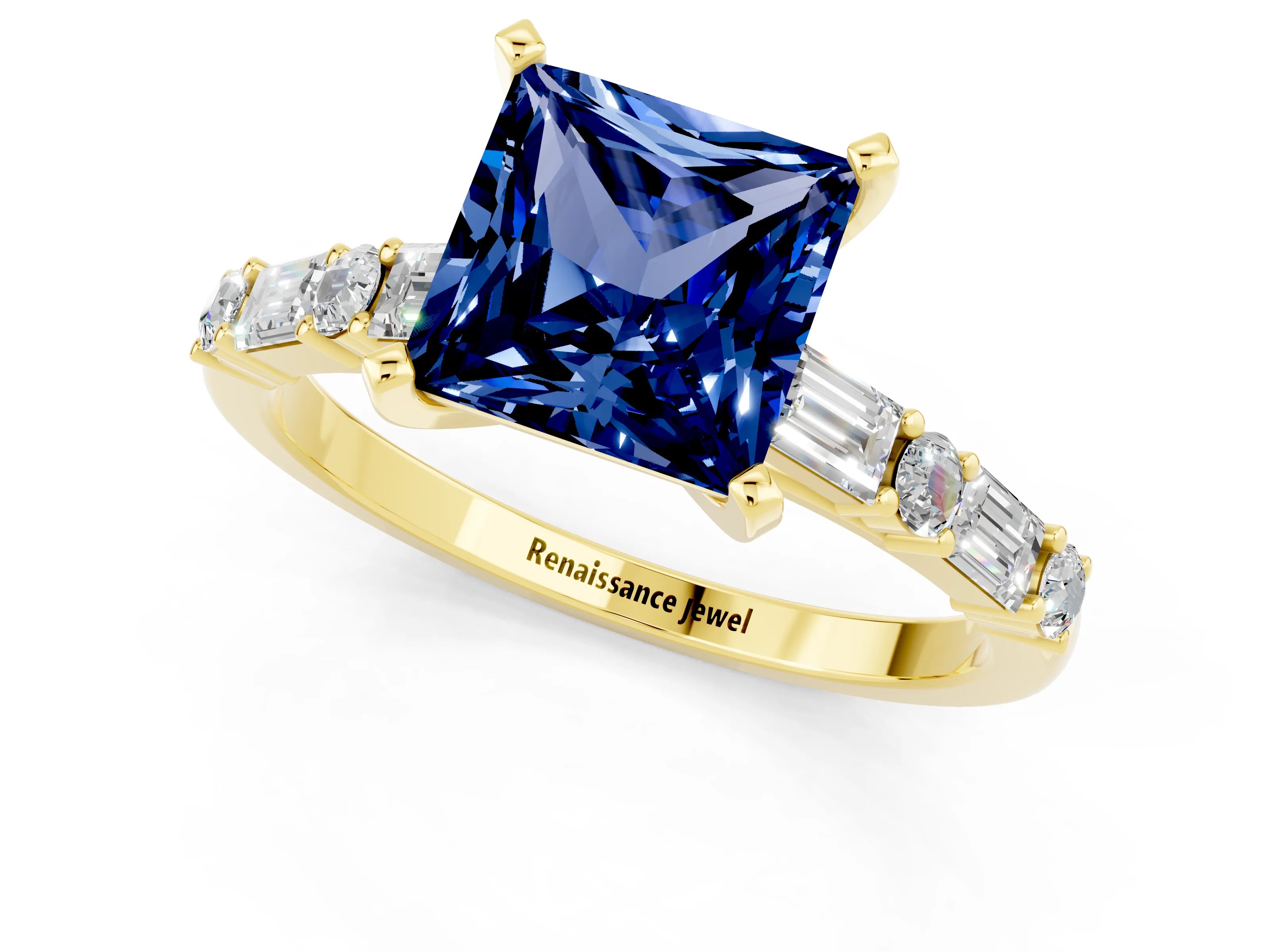 Yellow gold Princess Cut Blue Sapphire Solitaire with Side Baguettes and Channel Set Band_1