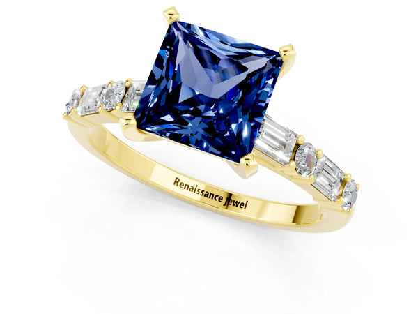 Yellow gold Princess Cut Blue Sapphire Solitaire with Side Baguettes and Channel Set Band