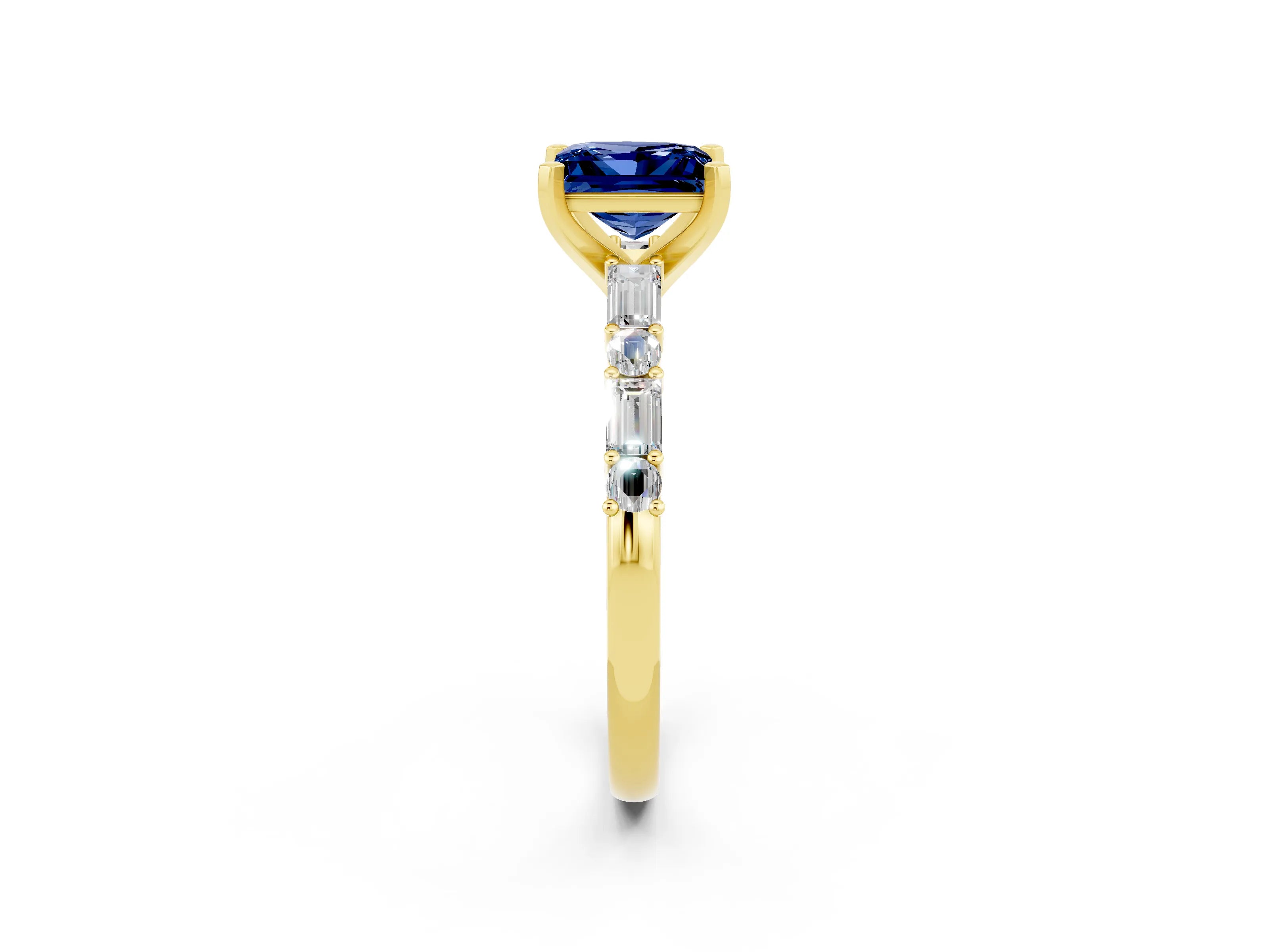 Yellow gold Princess Cut Blue Sapphire Solitaire with Side Baguettes and Channel Set Band_2