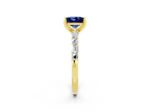 Yellow gold Princess Cut Blue Sapphire Solitaire with Side Baguettes and Channel Set Band_2