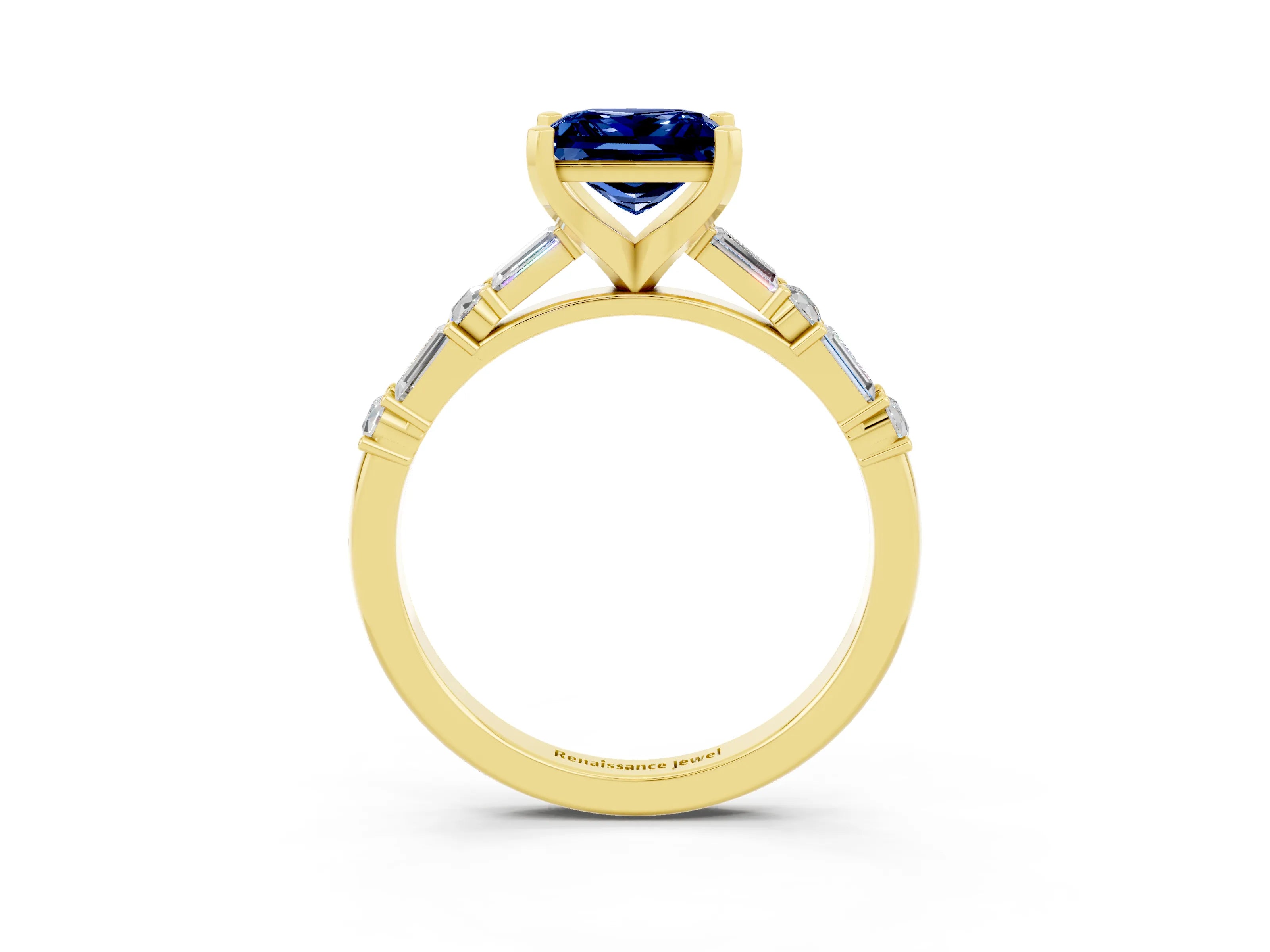 Yellow gold Princess Cut Blue Sapphire Solitaire with Side Baguettes and Channel Set Band_3