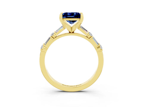 Yellow gold Princess Cut Blue Sapphire Solitaire with Side Baguettes and Channel Set Band_3