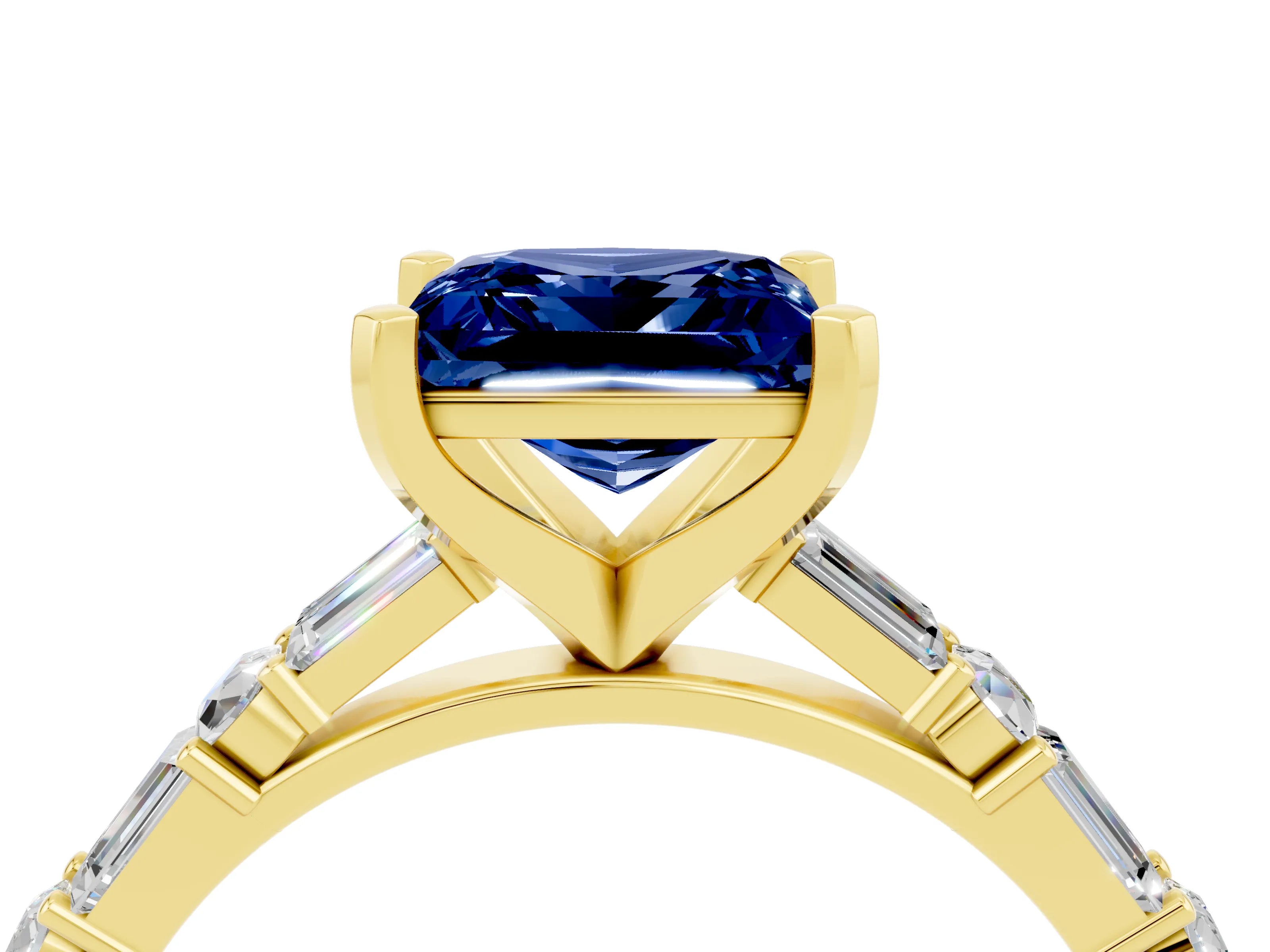 Yellow gold Princess Cut Blue Sapphire Solitaire with Side Baguettes and Channel Set Band_4