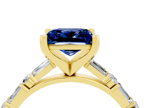 Yellow gold Princess Cut Blue Sapphire Solitaire with Side Baguettes and Channel Set Band_4