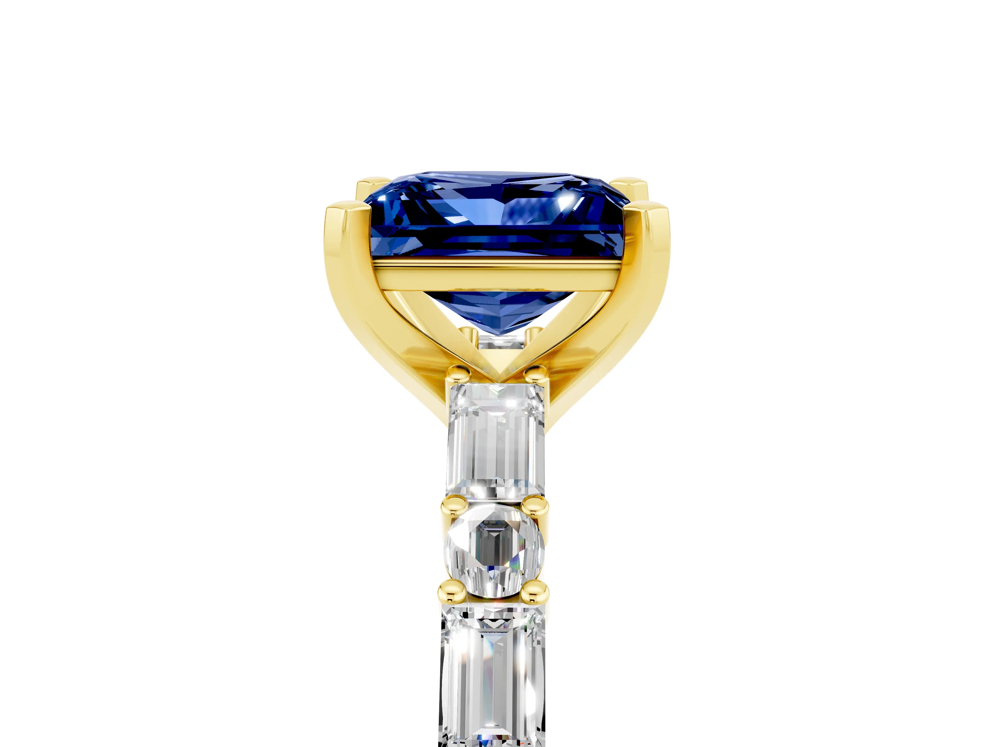 Yellow gold Princess Cut Blue Sapphire Solitaire with Side Baguettes and Channel Set Band_5